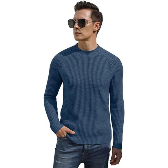 Men's Crewneck Casual Sweater Structured Knit Pullover, Blue - Picture 5 of 5